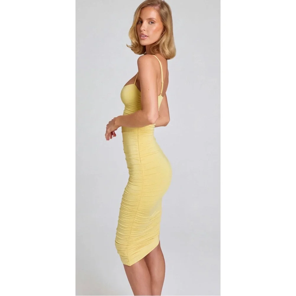 Oh Polly Anaisa Asymmetric Ruched Midi Dress Pastel Yellow XS Bodycon Sweetheart